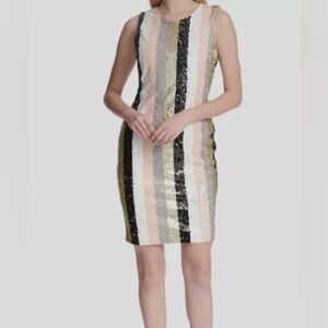 NWT Calvin Klein‎ Sequin Dress Sz 10 Glam Metallic Stripe Cocktail Party Retro